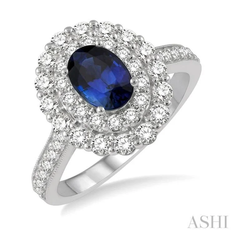 1 ctw Oval Shape 7x5MM Sapphire and Round Cut Diamond Halo Precious Ring in 14K White Gold