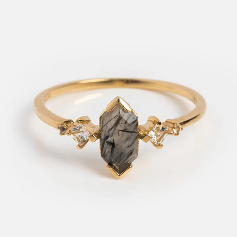 Solid Gold Black Rutilated Quartz Hexagon Ring for Strength