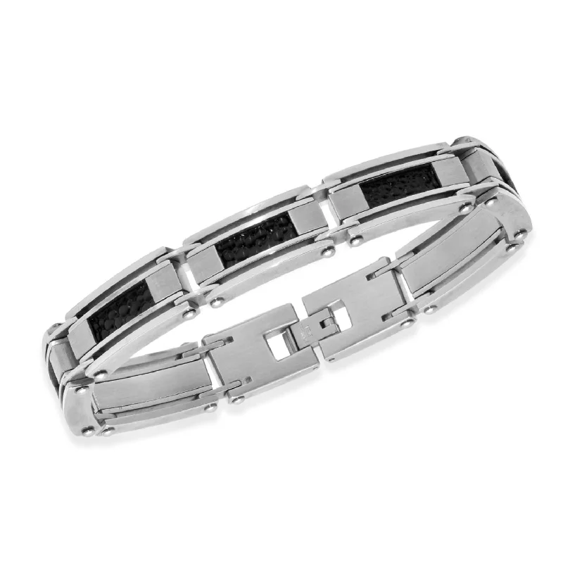 Stainless Steel 8.5-inch Leather Inlay Bracelet