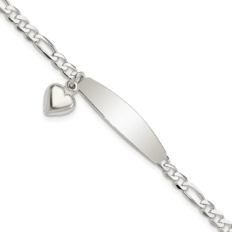 Engravable Sterling Silver 7.5-inch 3.5MM Figaro ID Heart Bracelet